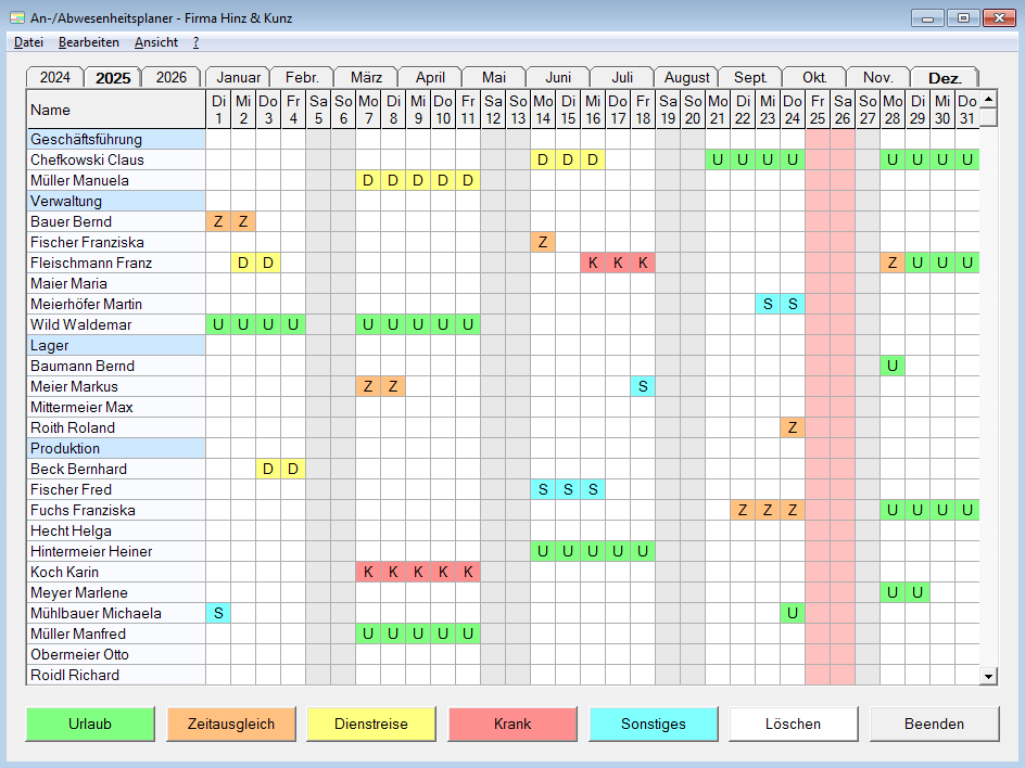 Screenshot vom Programm: An-/Abwesenheitsplaner